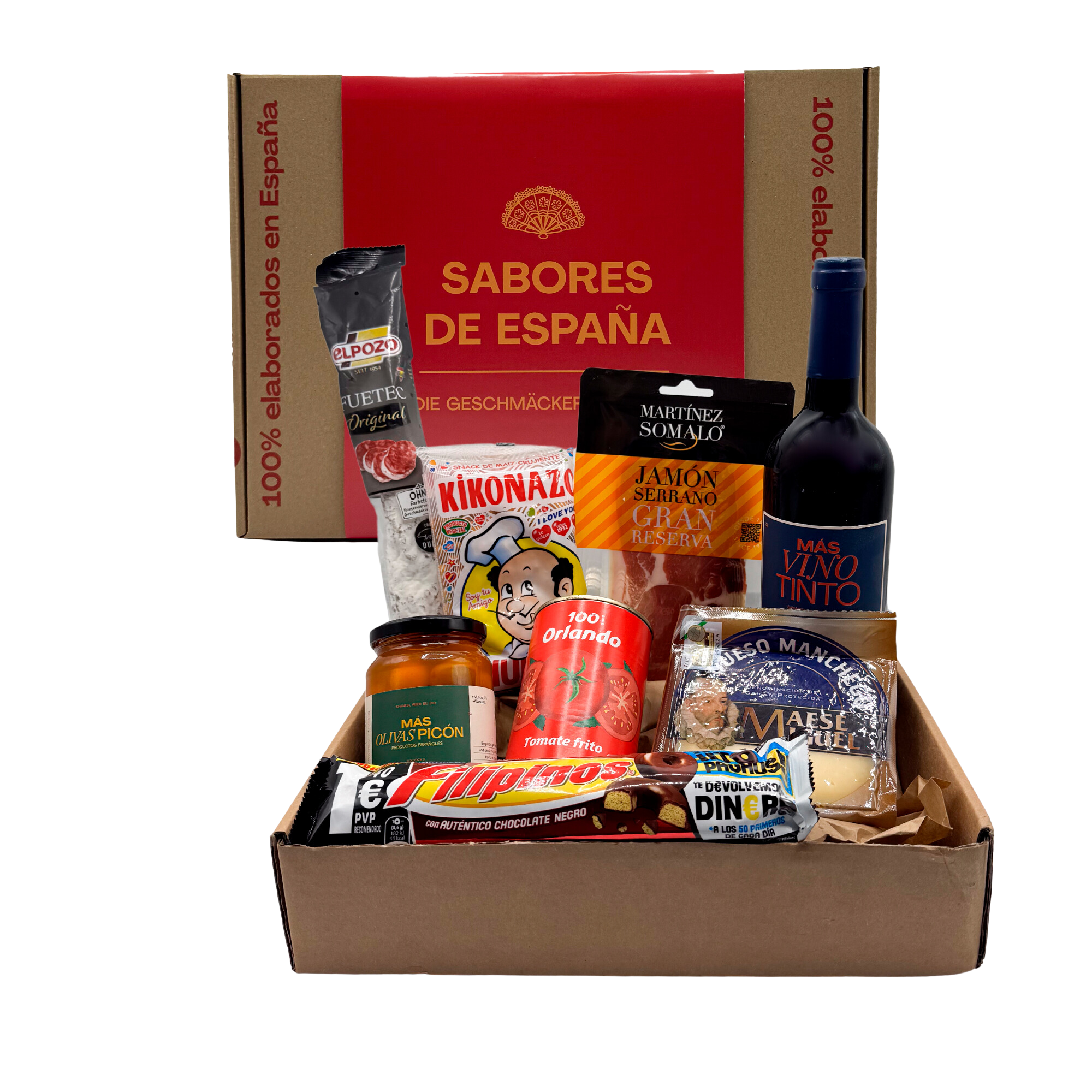 Sabores de España Box – Eine sorgfältig ausgewählte Sammlung der besten und typischsten spanischen Produkte. Perfekt zum Verschenken oder zum Genießen zu Hause. Bringe authentische spanische Aromen auf deinen Tisch