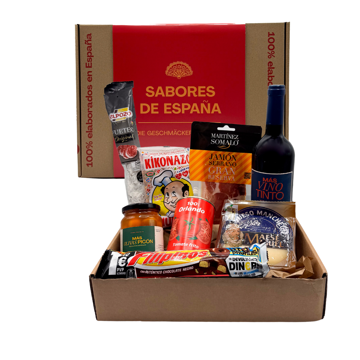 Sabores de España Box – Eine sorgfältig ausgewählte Sammlung der besten und typischsten spanischen Produkte. Perfekt zum Verschenken oder zum Genießen zu Hause. Bringe authentische spanische Aromen auf deinen Tisch