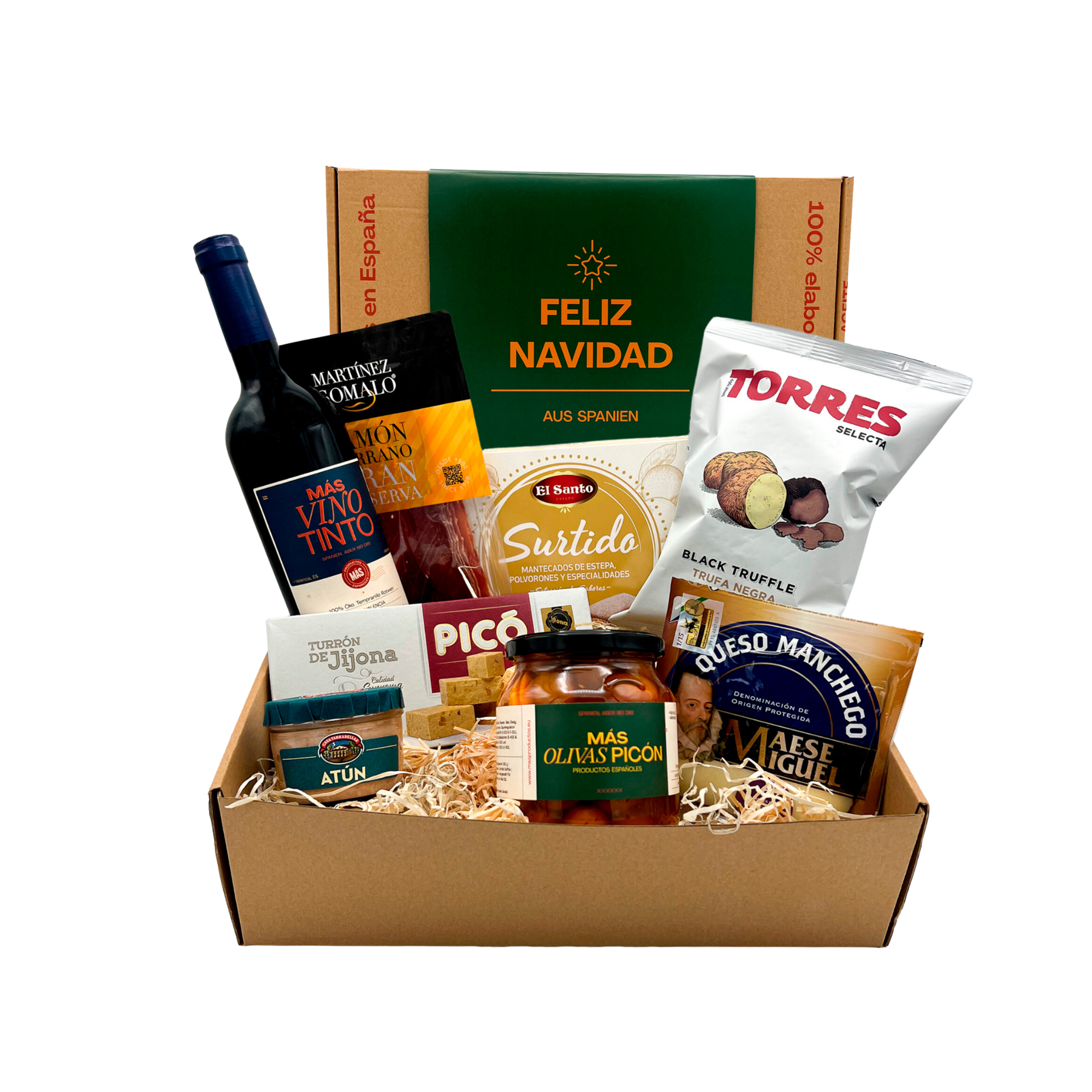 Spanisches Weihnachsts geschenk box, olivas, wein, käse, thunfisch