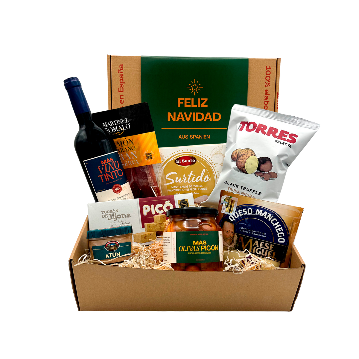 Spanisches Weihnachsts geschenk box, olivas, wein, käse, thunfisch